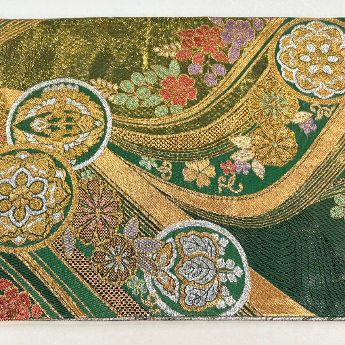 袋帶 秀品級 振袖禮服禮服用 華紋 向鳥 金銀絲 金金箔 綠 全通 純蠶絲