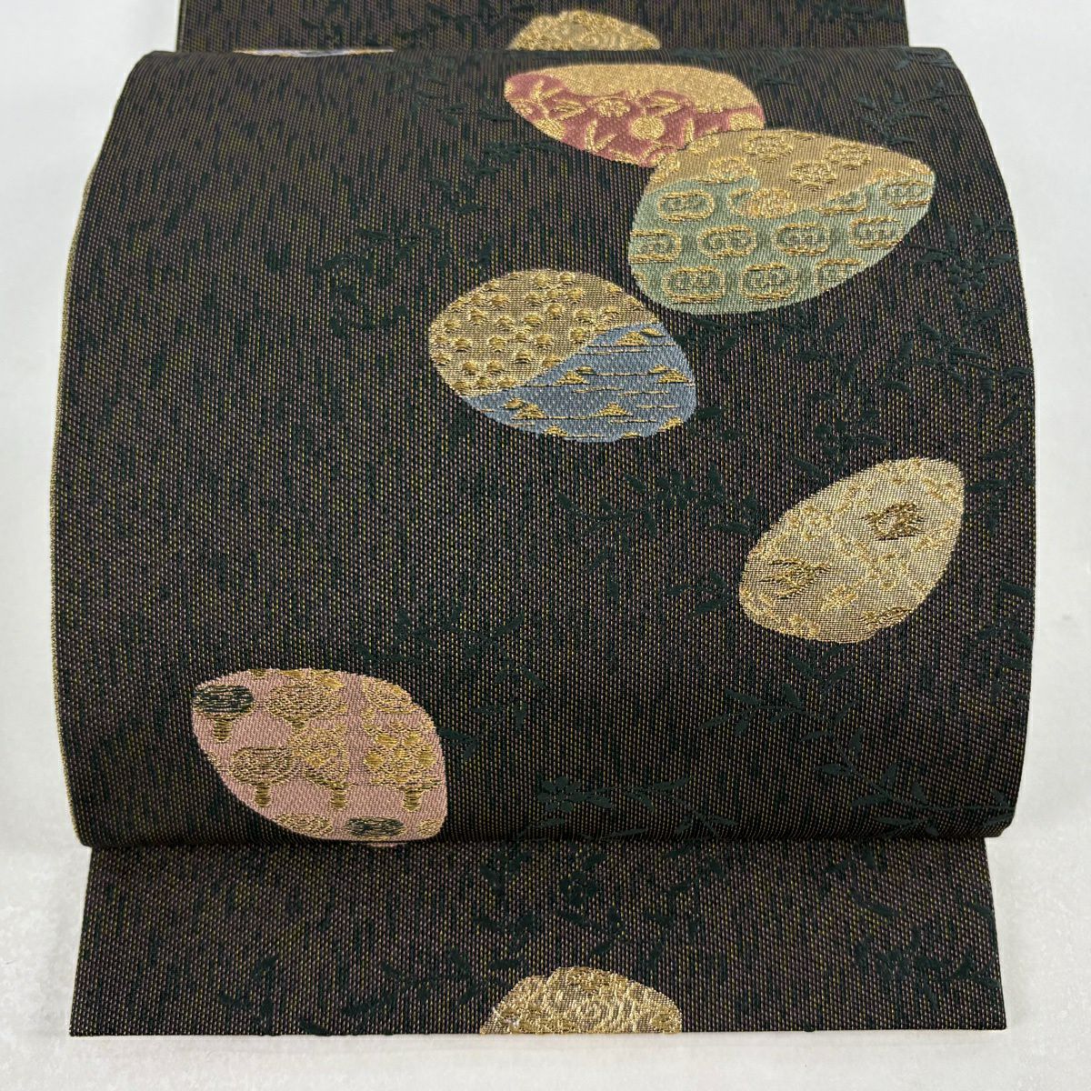 【美品】 袋帶 秀品級 貝合花 金絲 金金箔 茶紫 六通 純蠶絲