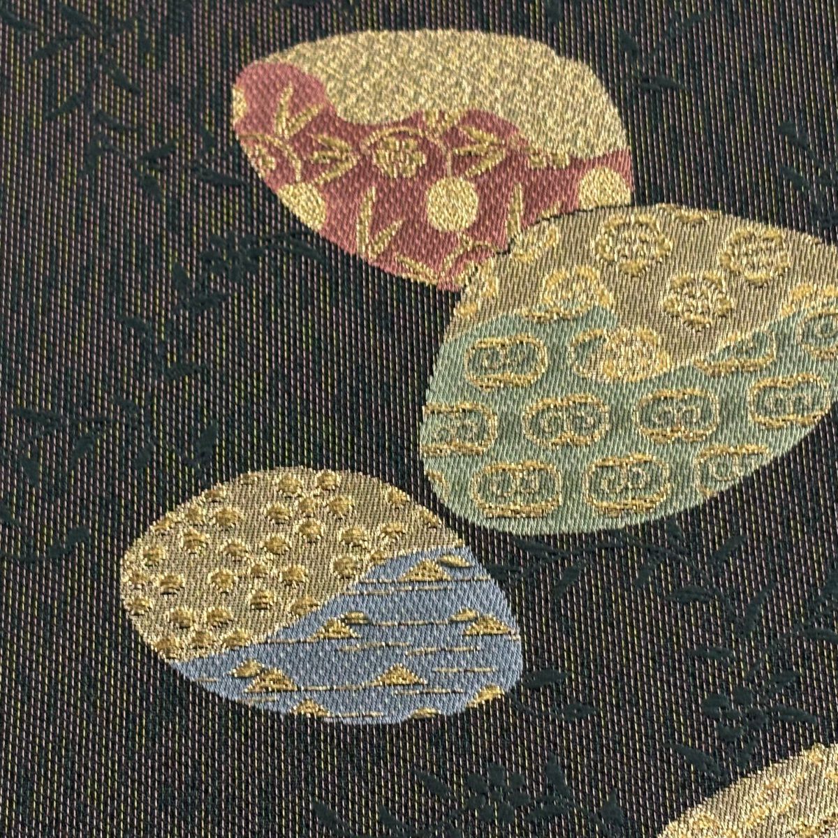 【美品】 袋帶 秀品級 貝合花 金絲 金金箔 茶紫 六通 純蠶絲