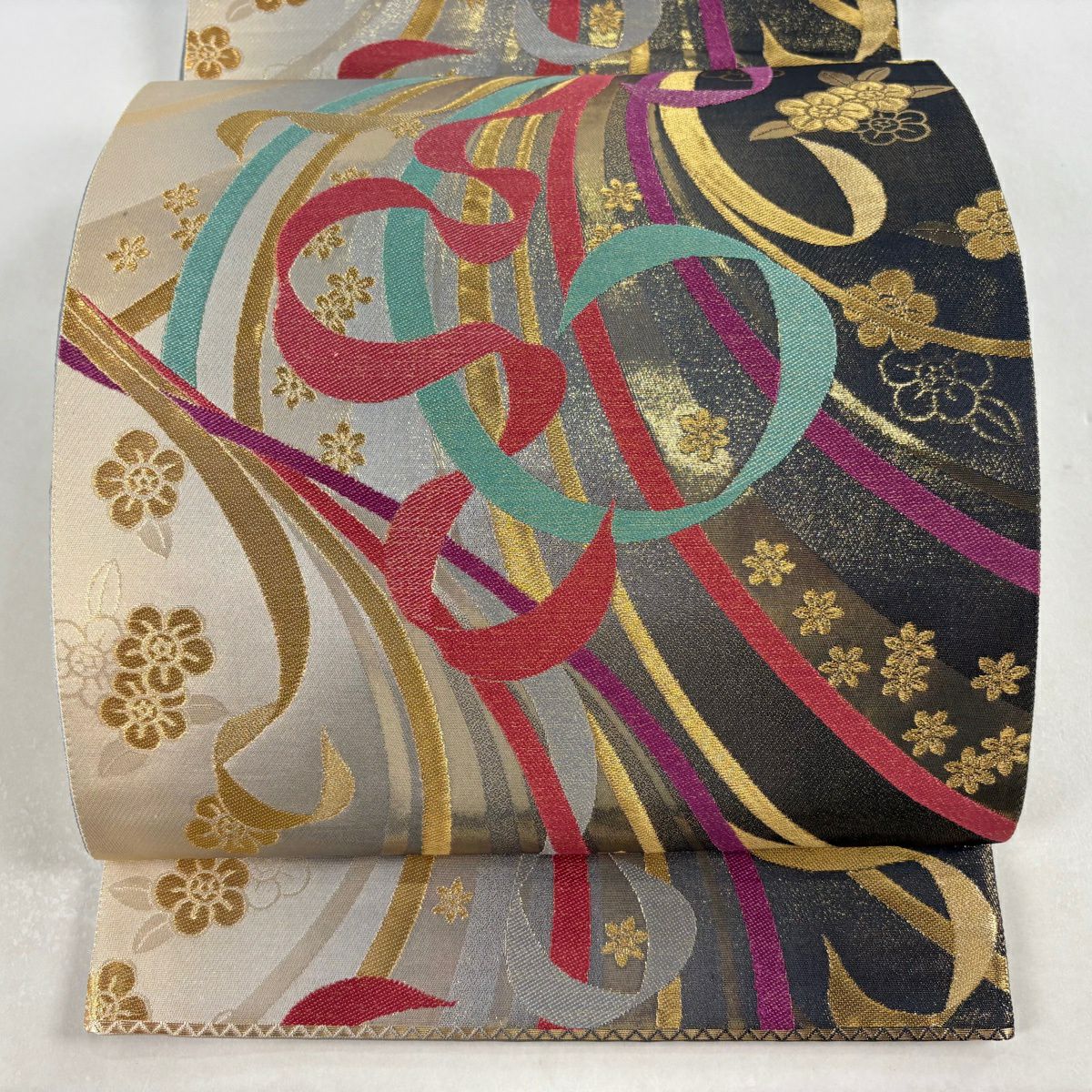【美品】 袋帶 秀品級 草花紋紋 幾何學 金絲 金金箔 灰茶 六通 純蠶絲