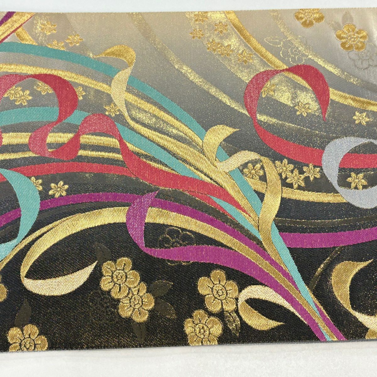 【美品】 袋帶 秀品級 草花紋紋 幾何學 金絲 金金箔 灰茶 六通 純蠶絲