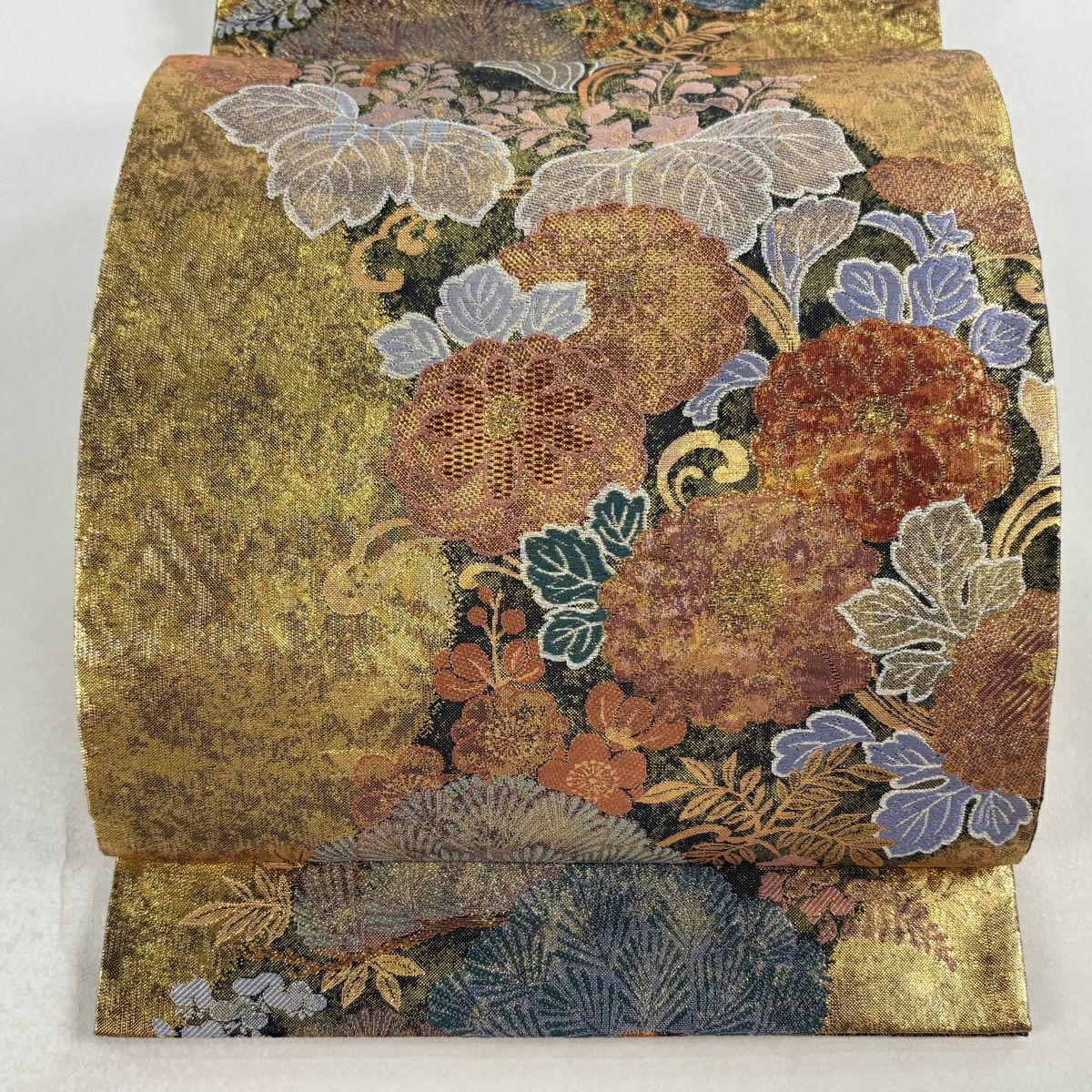 【美品】 袋帶 秀品級 菊花 松樹梅花 金金箔 金色 全通 純蠶絲
