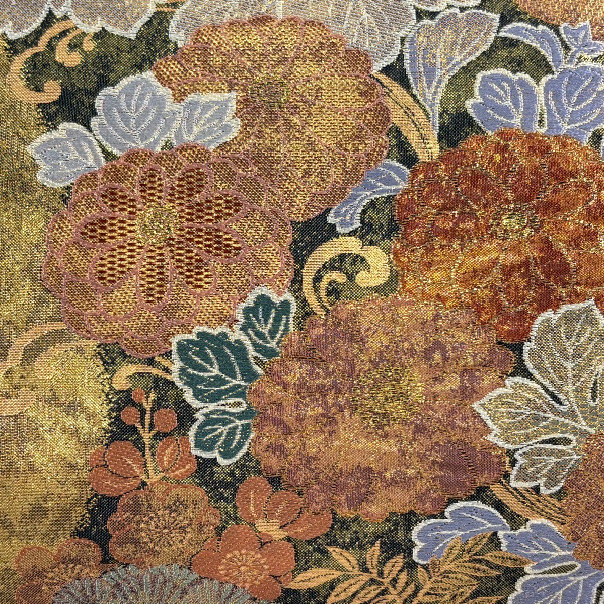 【美品】 袋帶 秀品級 菊花 松樹梅花 金金箔 金色 全通 純蠶絲