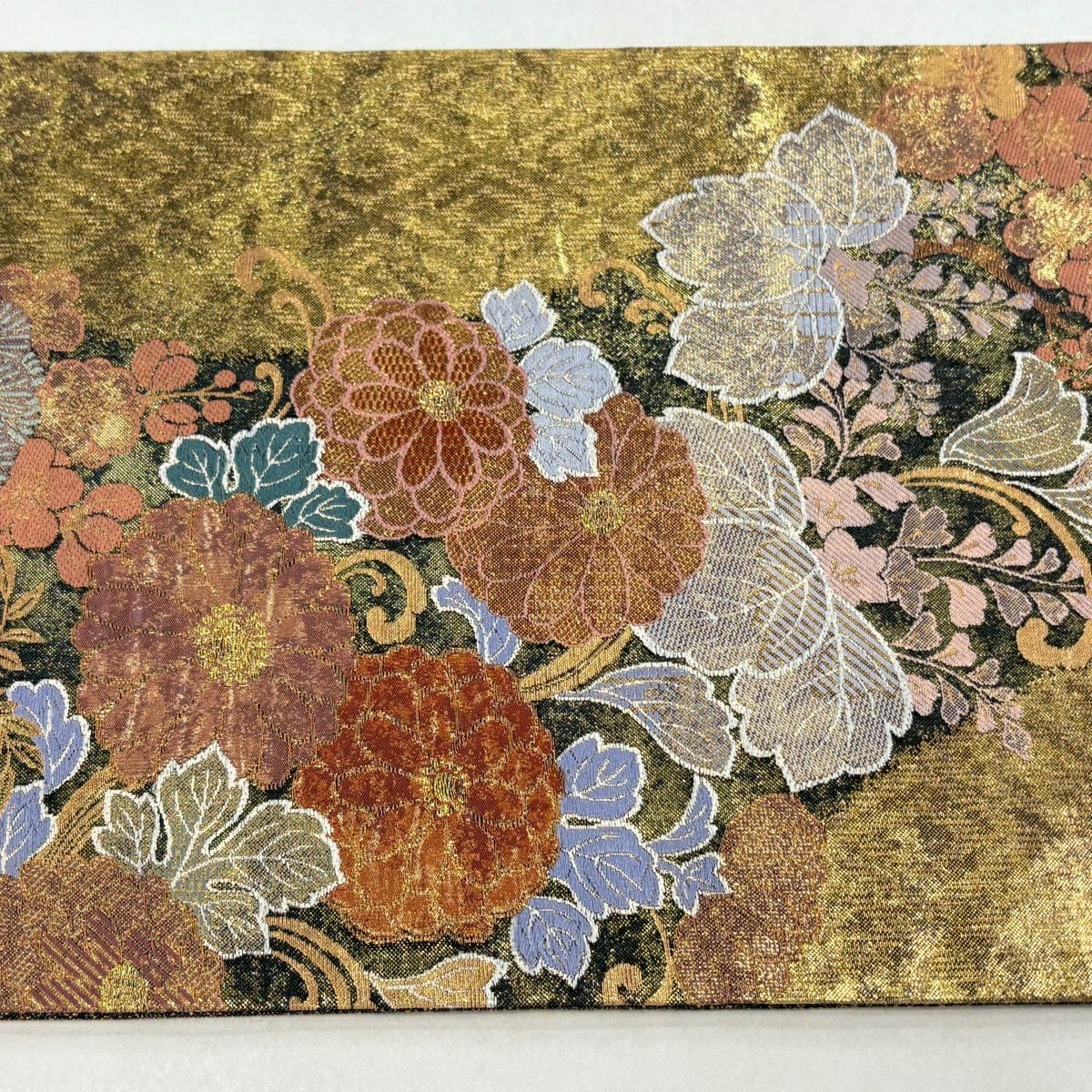 【美品】 袋帶 秀品級 菊花 松樹梅花 金金箔 金色 全通 純蠶絲