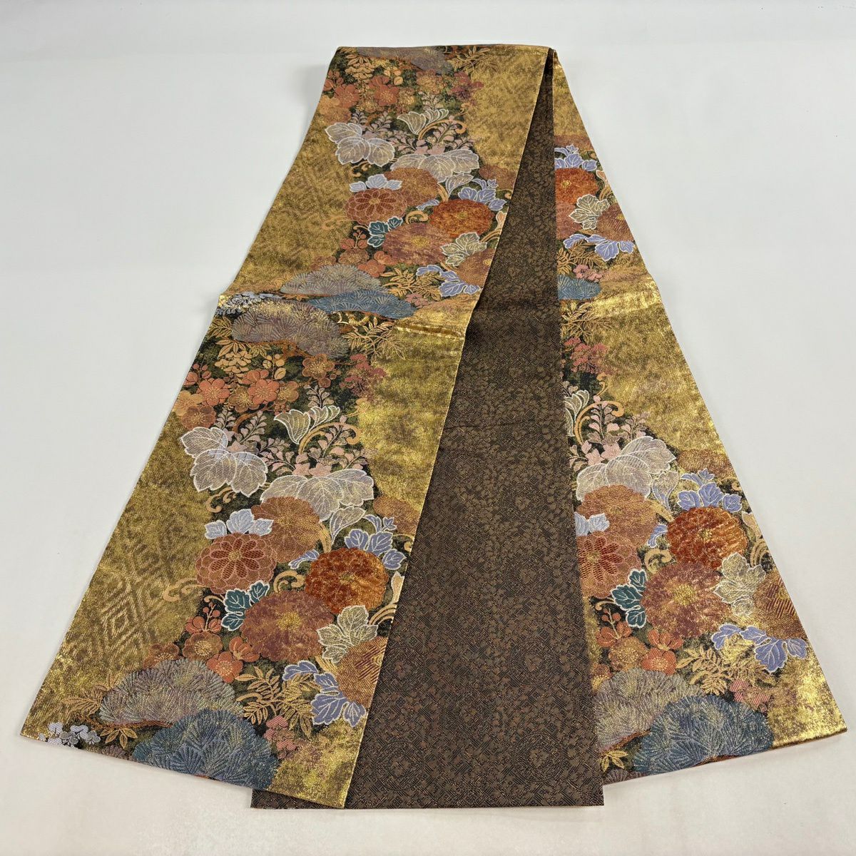 【美品】 袋帶 秀品級 菊花 松樹梅花 金金箔 金色 全通 純蠶絲