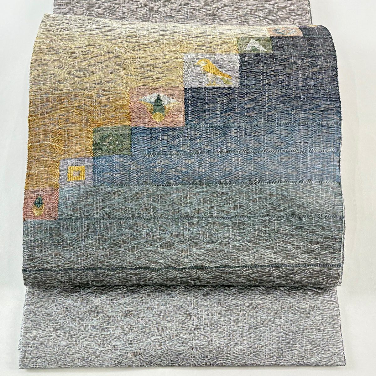 【美品】 袋帶 秀品級 鳥 よろけ縞 金糸 灰色 お太鼓柄 純蠶絲