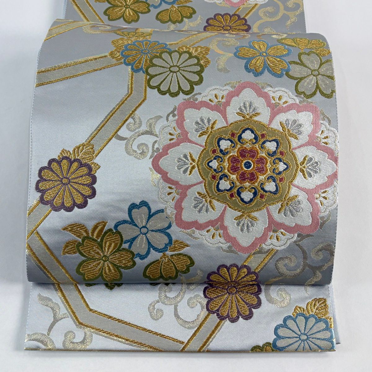 【美品】 袋帶 秀品級 華紋 花唐草紋 金銀絲 唐織 灰 深藍 六通 純蠶絲