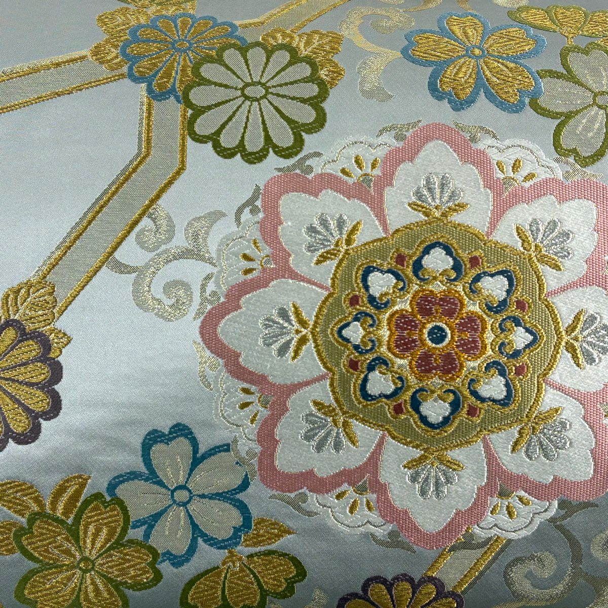 【美品】 袋帶 秀品級 華紋 花唐草紋 金銀絲 唐織 灰 深藍 六通 純蠶絲