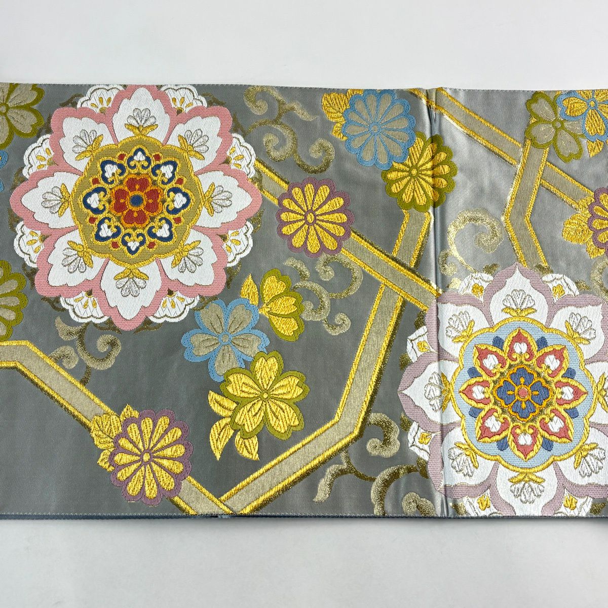 【美品】 袋帶 秀品級 華紋 花唐草紋 金銀絲 唐織 灰 深藍 六通 純蠶絲