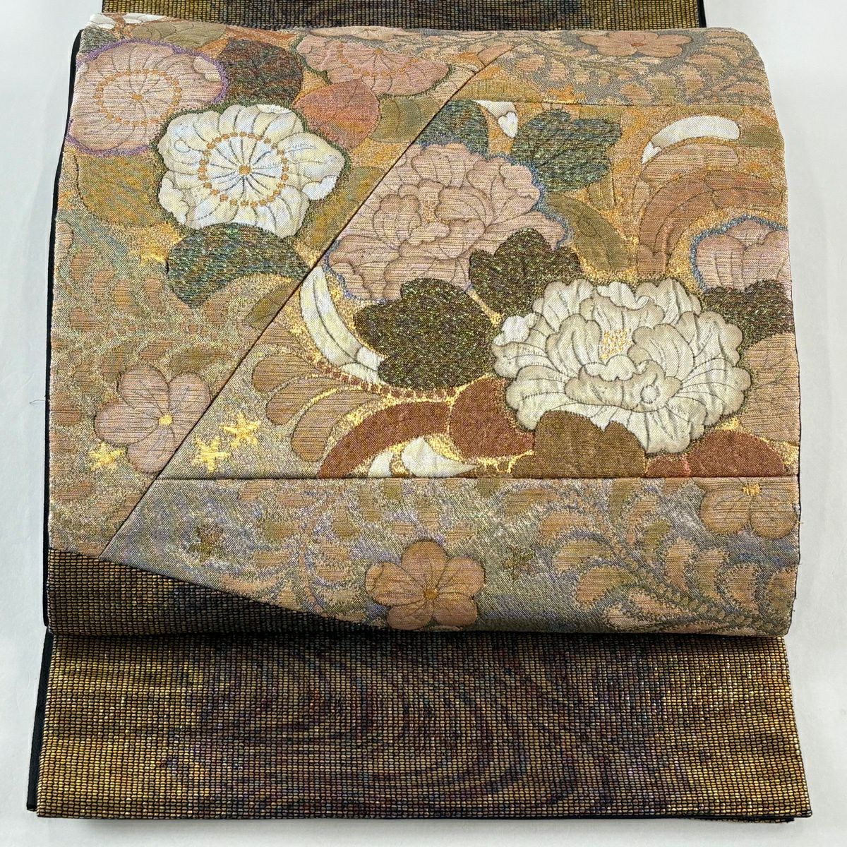 【美品】 袋帶 秀品級 草花紋 流水 金絲 切嵌 金色 大鼓圖案 純蠶絲