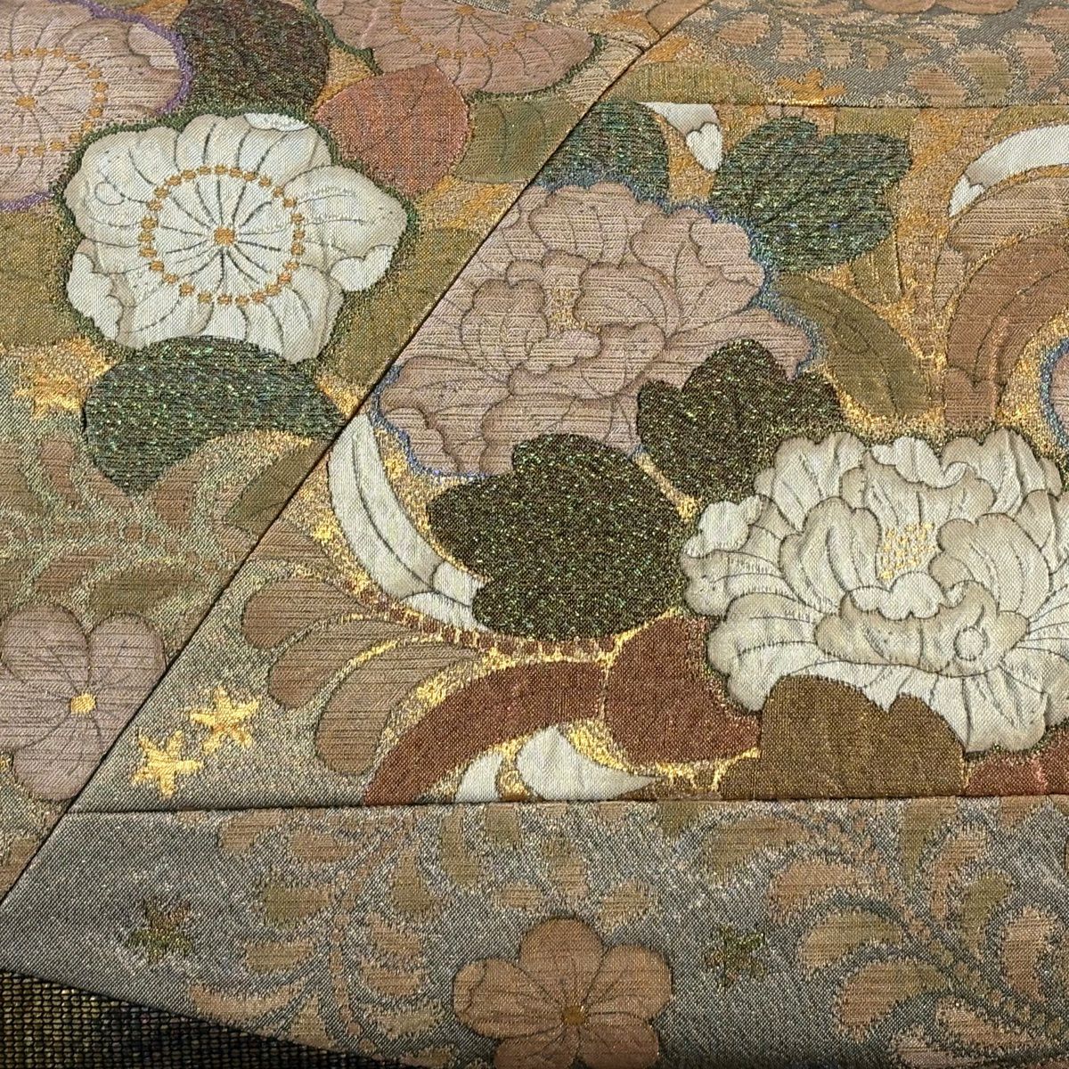 【美品】 袋帶 秀品級 草花紋 流水 金絲 切嵌 金色 大鼓圖案 純蠶絲