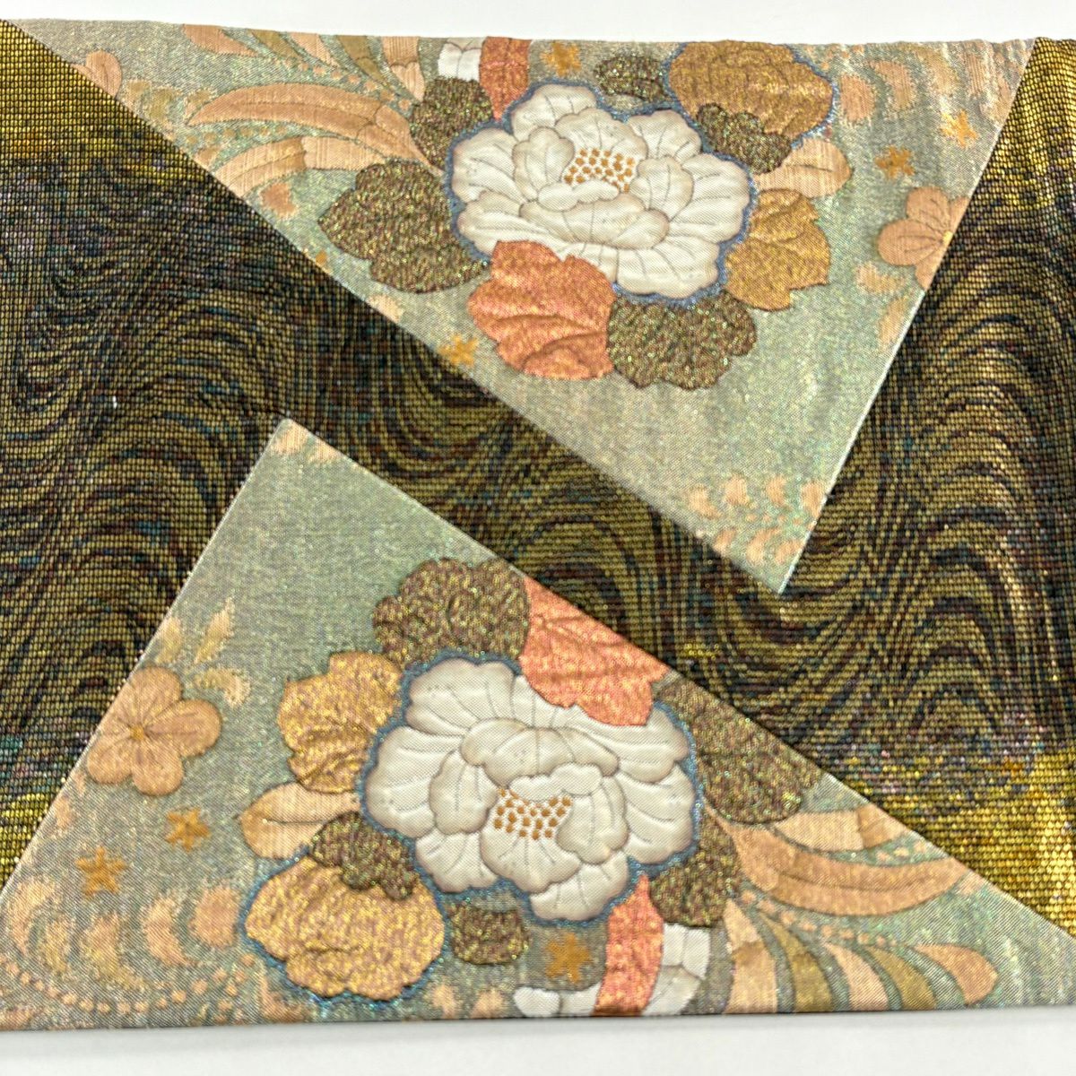 【美品】 袋帶 秀品級 草花紋 流水 金絲 切嵌 金色 大鼓圖案 純蠶絲