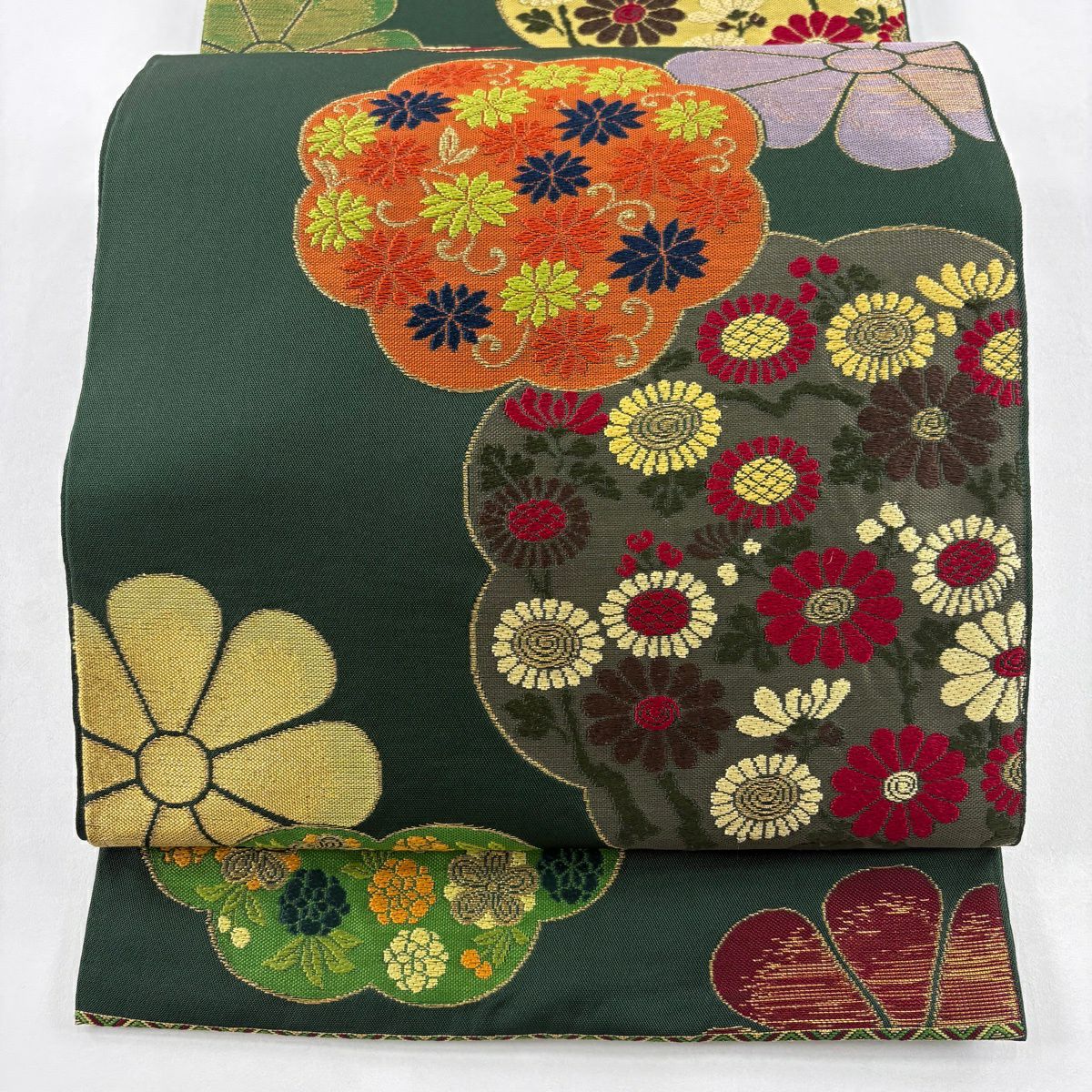 【美品】 袋帶 秀品級 菊花花唐草紋 金絲 金金箔 深綠 六通 純蠶絲