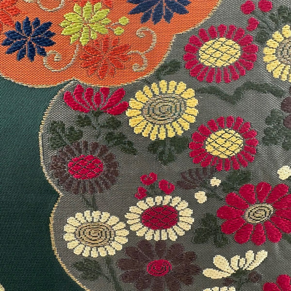 【美品】 袋帶 秀品級 菊花花唐草紋 金絲 金金箔 深綠 六通 純蠶絲