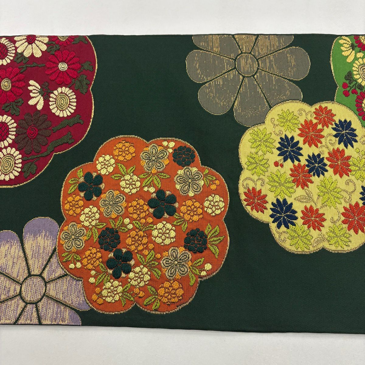 【美品】 袋帶 秀品級 菊花花唐草紋 金絲 金金箔 深綠 六通 純蠶絲