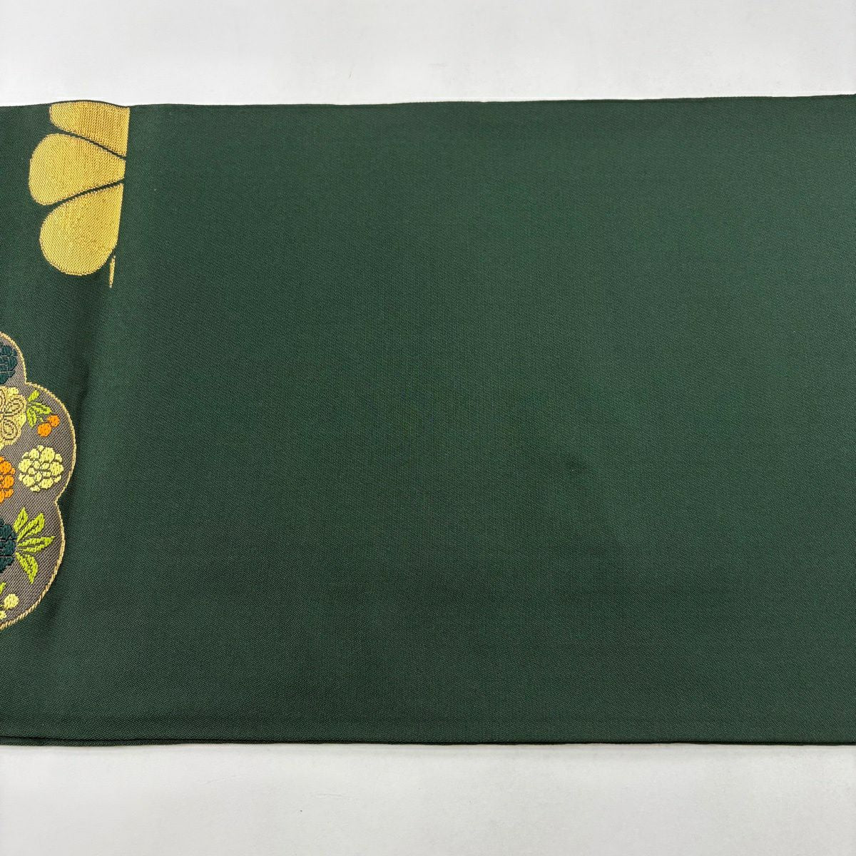 【美品】 袋帶 秀品級 菊花花唐草紋 金絲 金金箔 深綠 六通 純蠶絲
