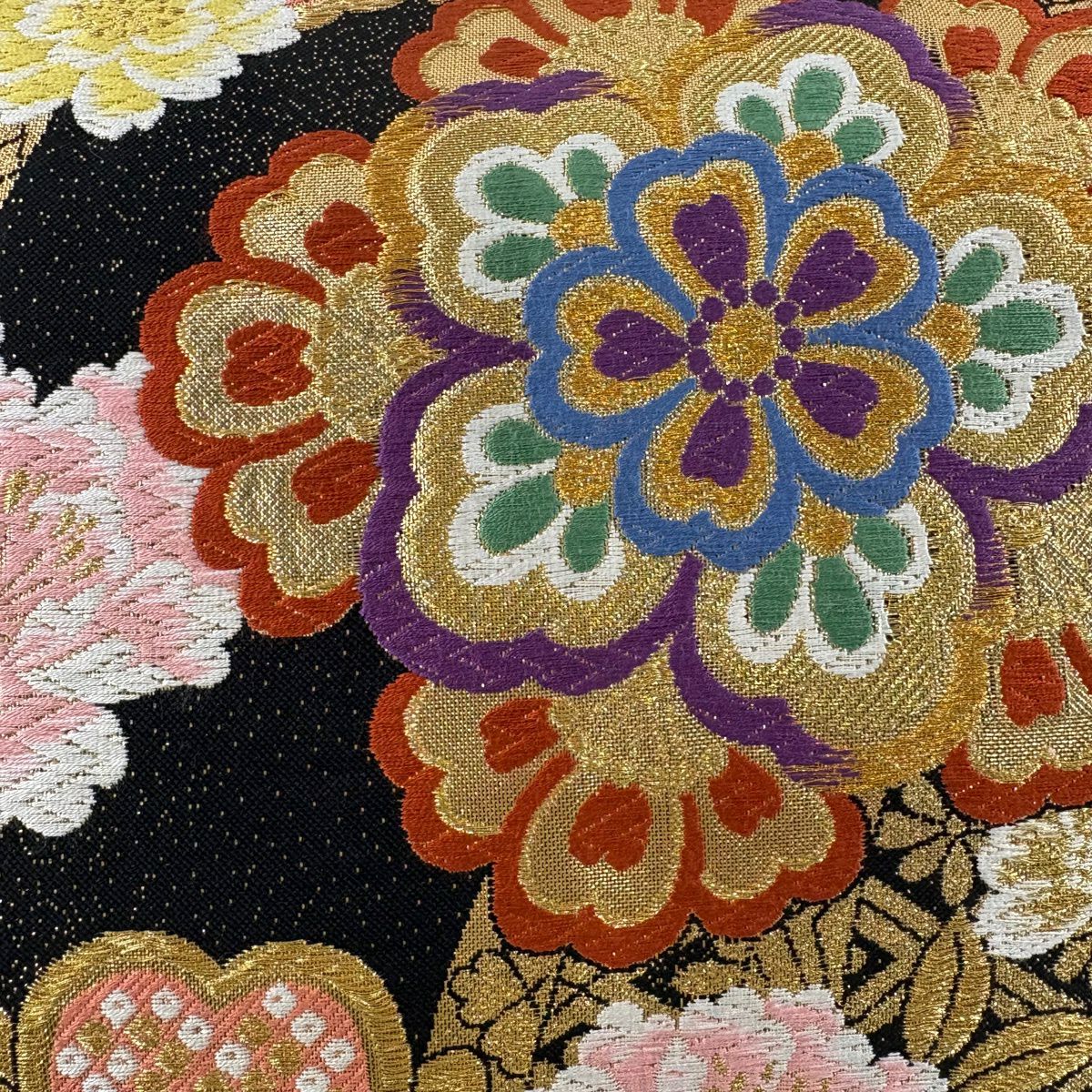 【美品】 袋帶 秀品級 大和 華紋 菱 金絲 唐織 黑 六通 純蠶絲