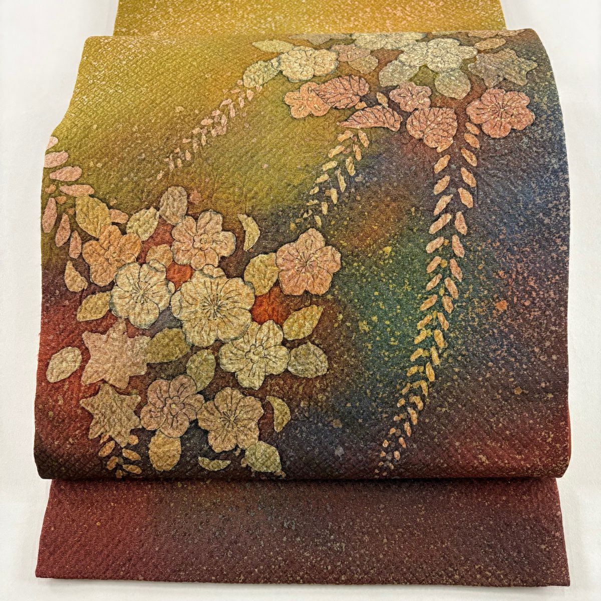 【美品】 袋帶 秀品級 辻花染葉紋 金通し 漸層 茜 深藍圖案 純蠶絲