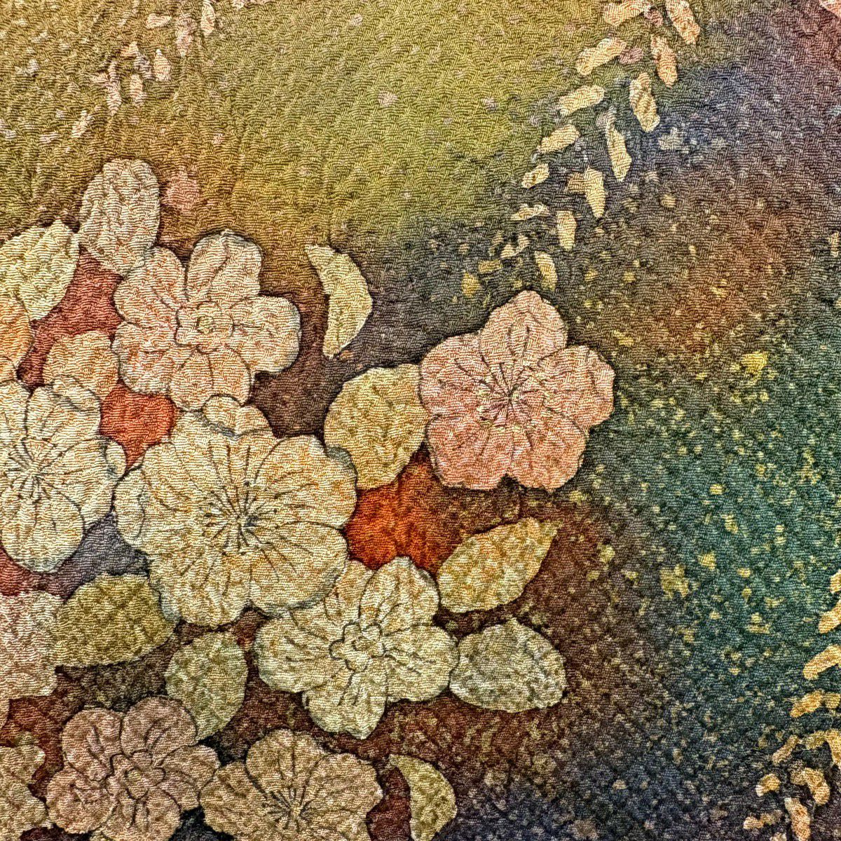 【美品】 袋帶 秀品級 辻花染葉紋 金通し 漸層 茜 深藍圖案 純蠶絲