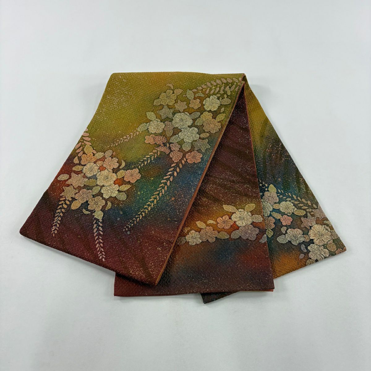 【美品】 袋帶 秀品級 辻花染葉紋 金通し 漸層 茜 深藍圖案 純蠶絲