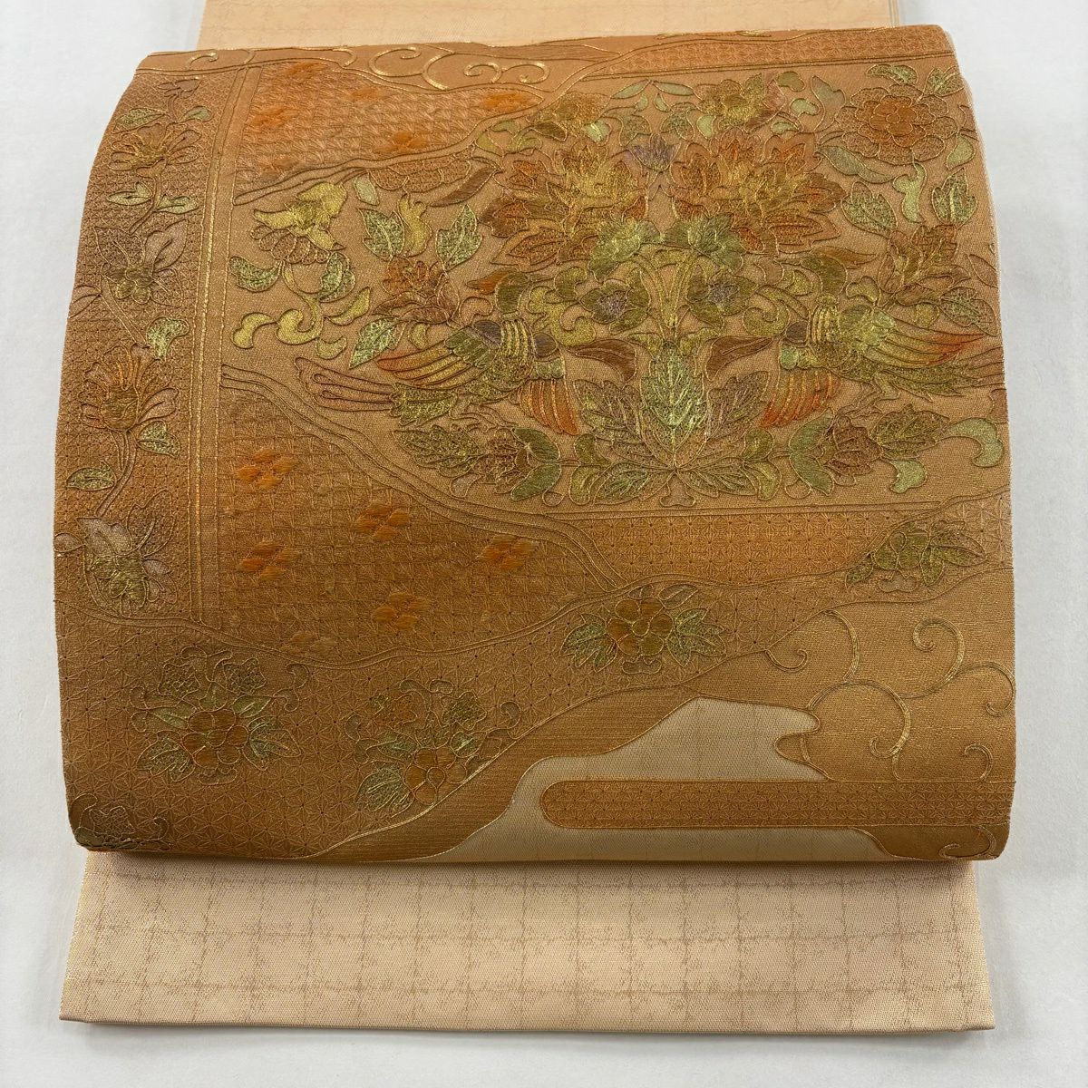 袋帶 秀品級 花鳥 霞 金絲 金銀彩 橙色 大鼓圖案 純蠶絲