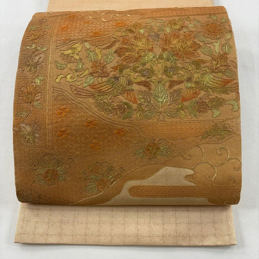 袋帶 秀品級 花鳥 霞 金絲 金銀彩 橙色 大鼓圖案 純蠶絲