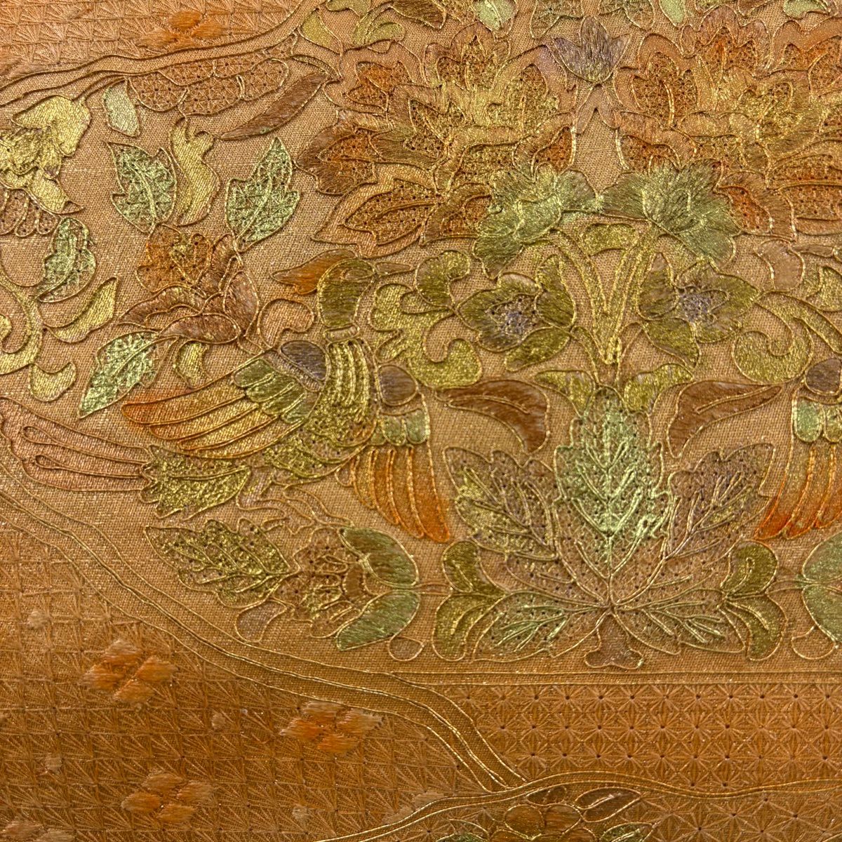 袋帶 秀品級 花鳥 霞 金絲 金銀彩 橙色 大鼓圖案 純蠶絲
