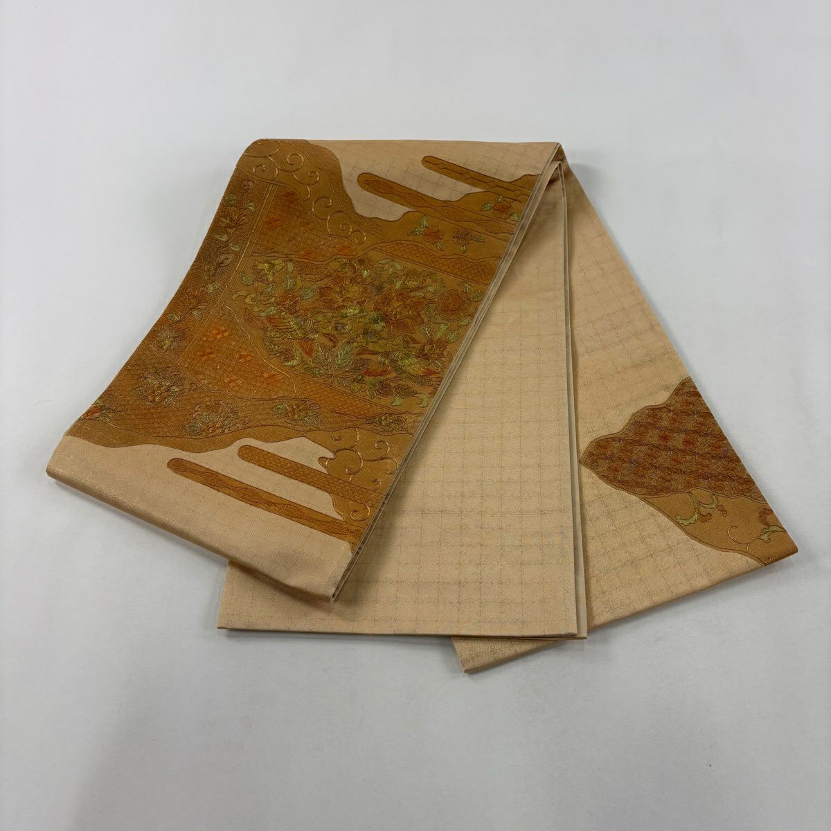 袋帶 秀品級 花鳥 霞 金絲 金銀彩 橙色 大鼓圖案 純蠶絲