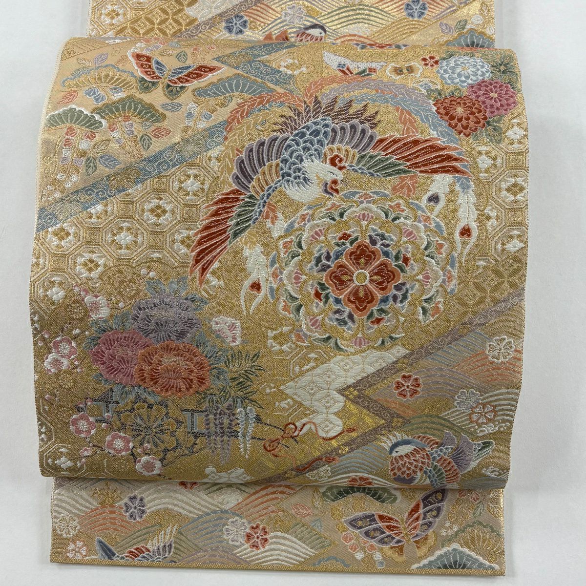 【美品】 袋帶 秀品級 關西仕立 華紋 鴛鴦 金絲 金金箔 金色 六通 純蠶絲
