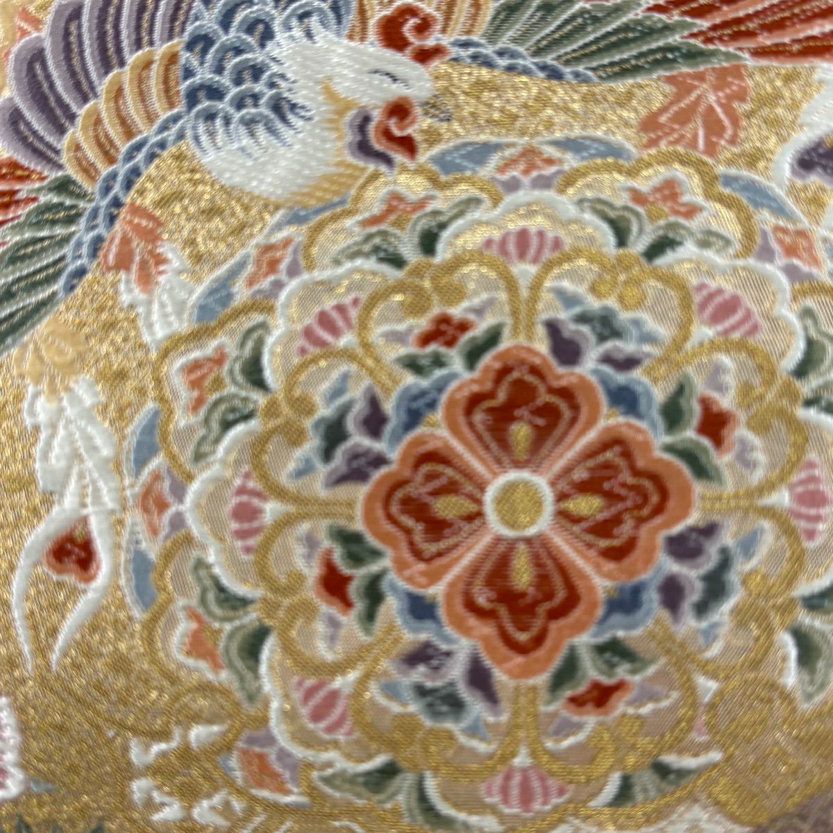 【美品】 袋帶 秀品級 關西仕立 華紋 鴛鴦 金絲 金金箔 金色 六通 純蠶絲
