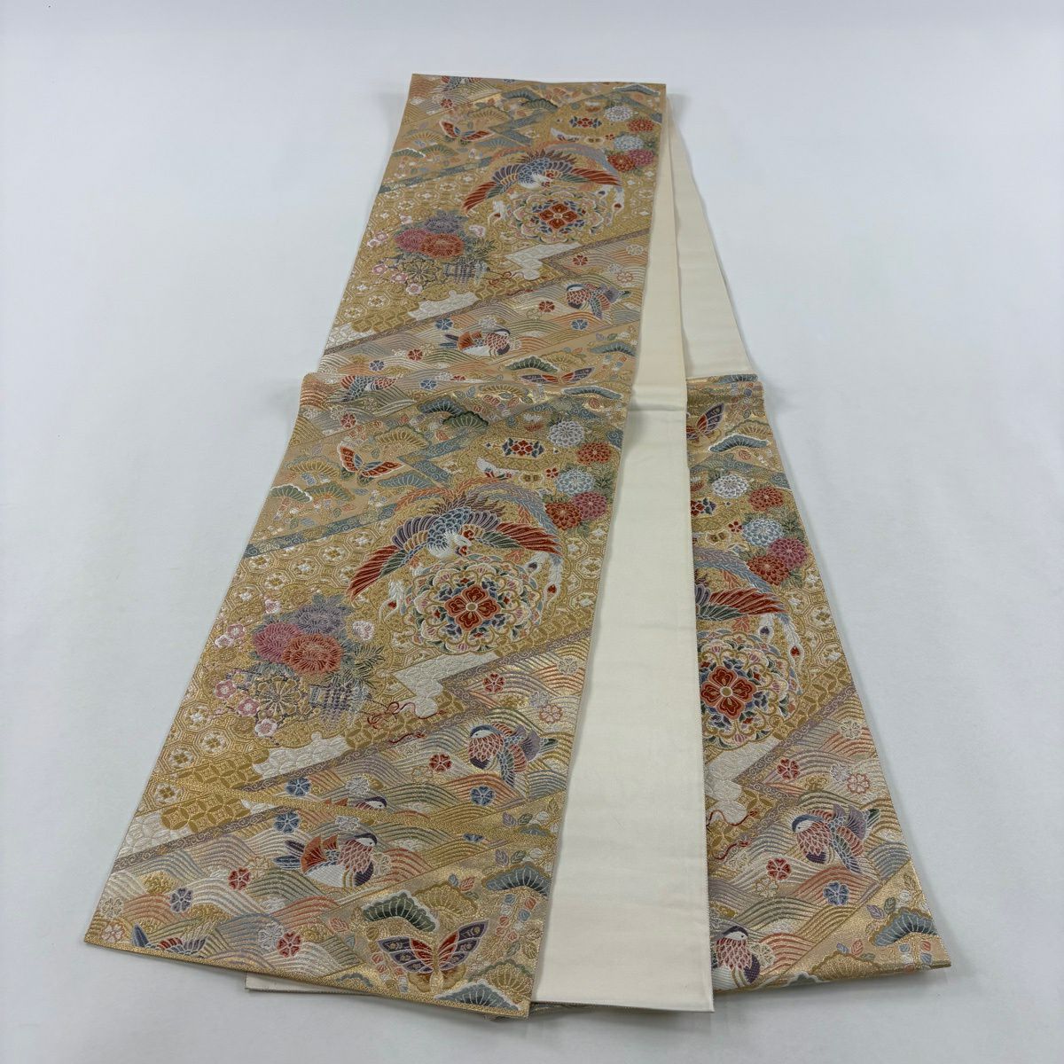 【美品】 袋帶 秀品級 關西仕立 華紋 鴛鴦 金絲 金金箔 金色 六通 純蠶絲