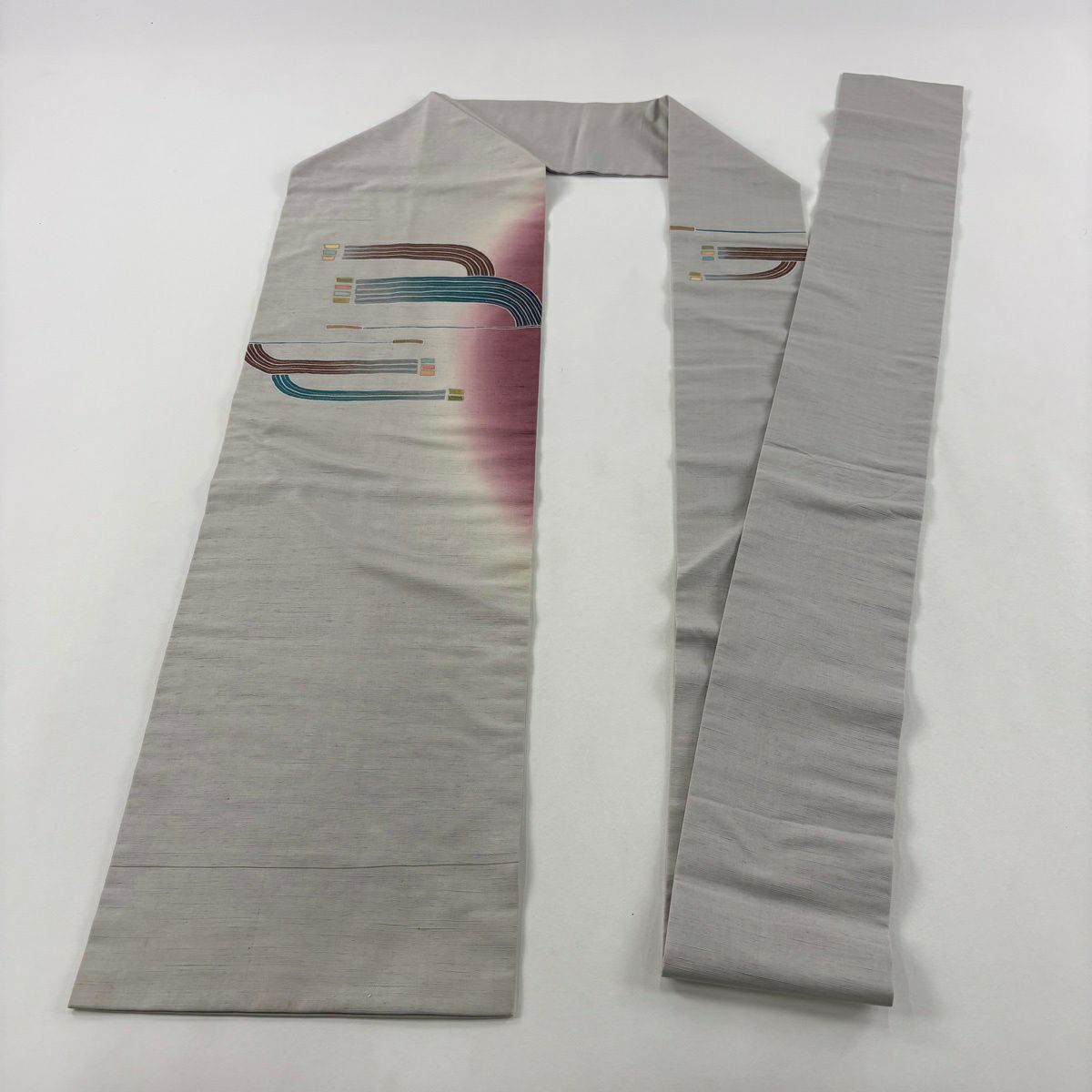名古屋帶 秀品級 紬織織 幾何學圖案 金銀彩 漸層 灰 純蠶絲