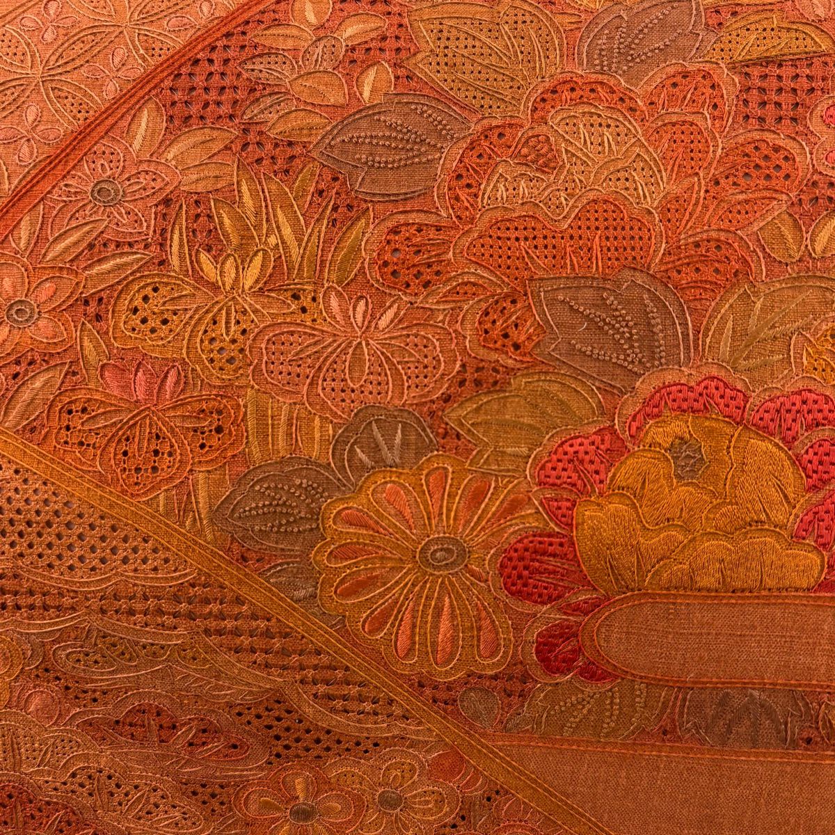 【美品】 袋帶 秀品級 紬織織地 關西仕立 雜花 七寶紋 刺繡 橙色 大鼓圖案 純蠶絲