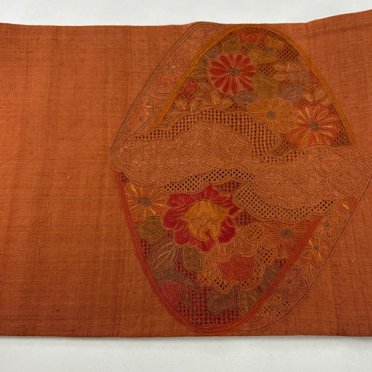 【美品】 袋帶 秀品級 紬織織地 關西仕立 雜花 七寶紋 刺繡 橙色 大鼓圖案 純蠶絲