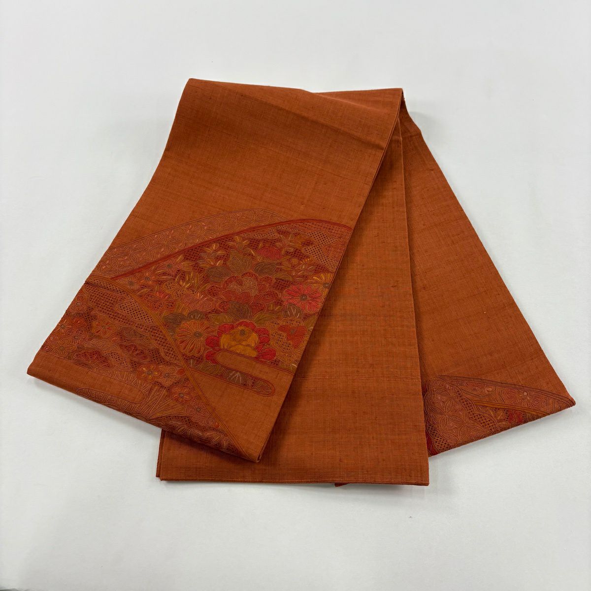 【美品】 袋帶 秀品級 紬織織地 關西仕立 雜花 七寶紋 刺繡 橙色 大鼓圖案 純蠶絲