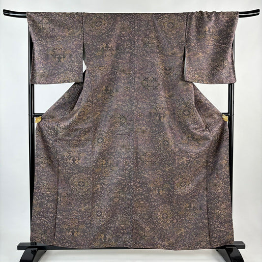 小紋 身長159.5cm 袖長70cm L 雙層 前田仁仙 有落款 向鳥 花唐草紋 灰紫 純蠶絲 逸品級