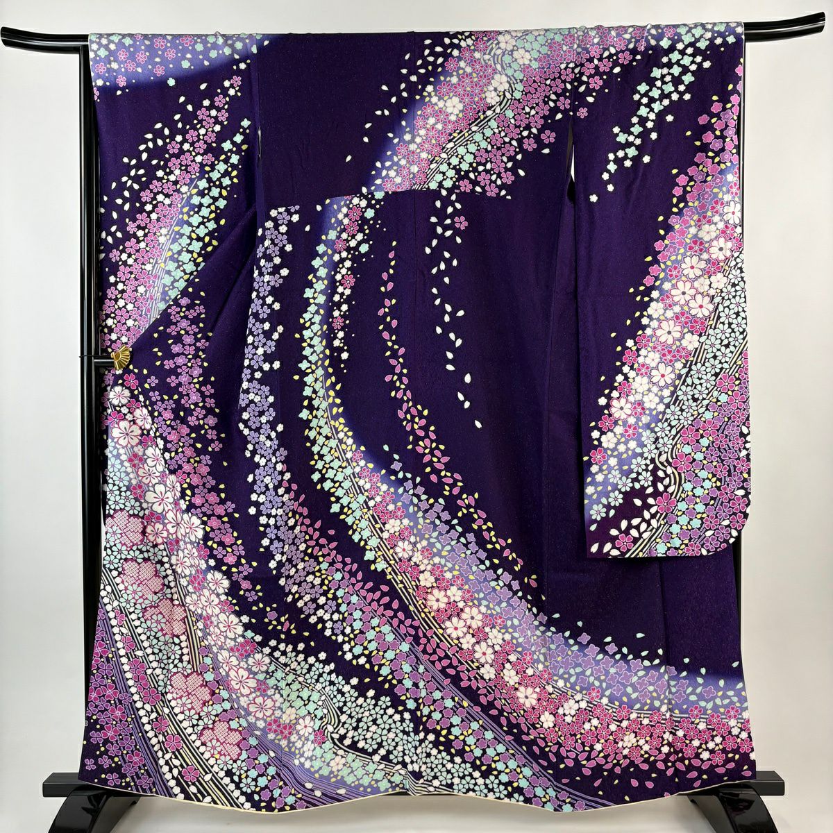 振袖禮服 身長159.5cm 袖長66.5cm M 雙層 櫻花花瓣 銀通 紫 純蠶絲 逸品級