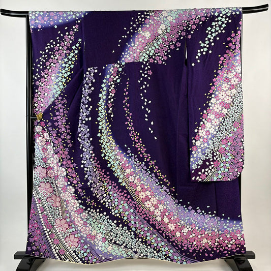 振袖禮服 身長159.5cm 袖長66.5cm M 雙層 櫻花花瓣 銀通 紫 純蠶絲 逸品級