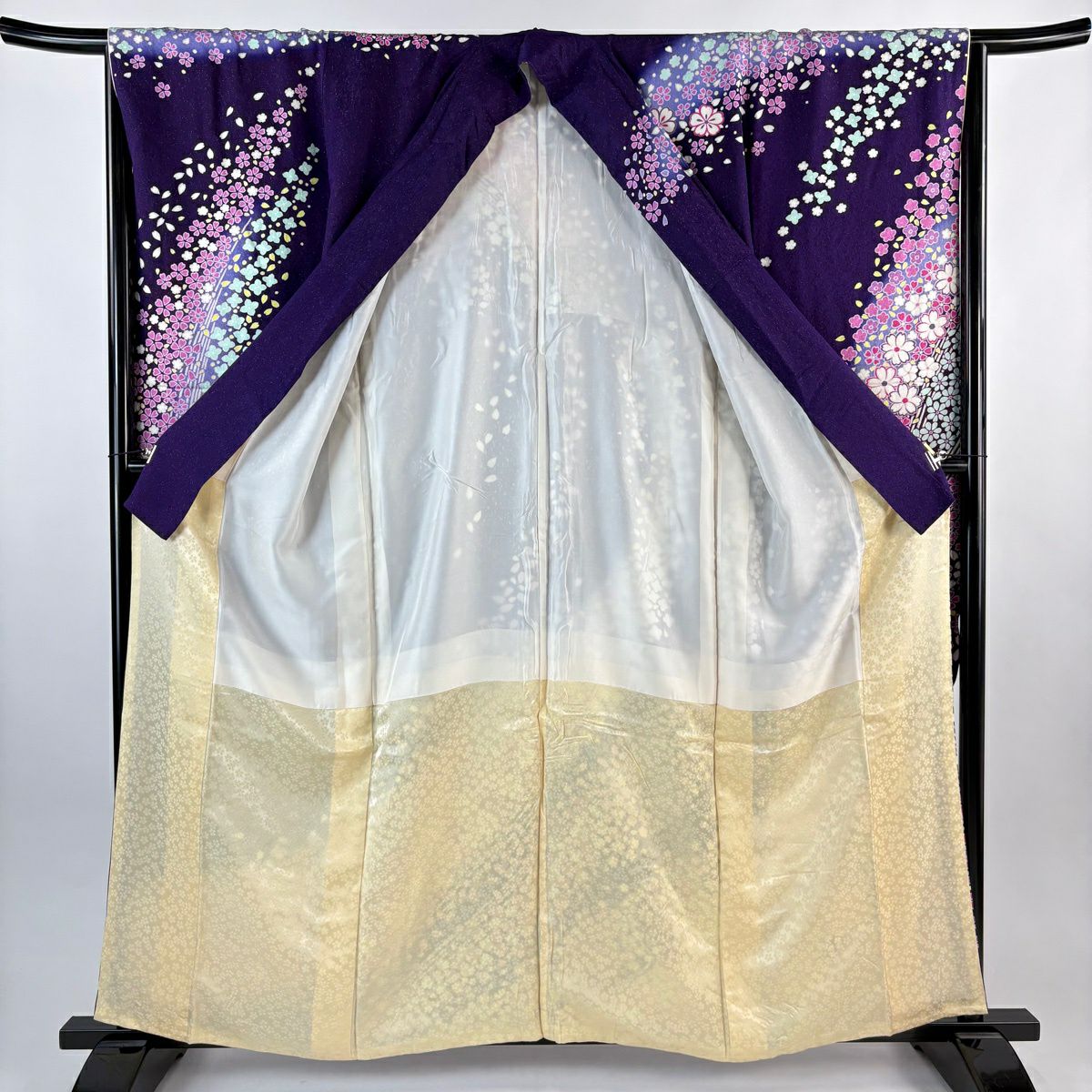 振袖禮服 身長159.5cm 袖長66.5cm M 雙層 櫻花花瓣 銀通 紫 純蠶絲 逸品級