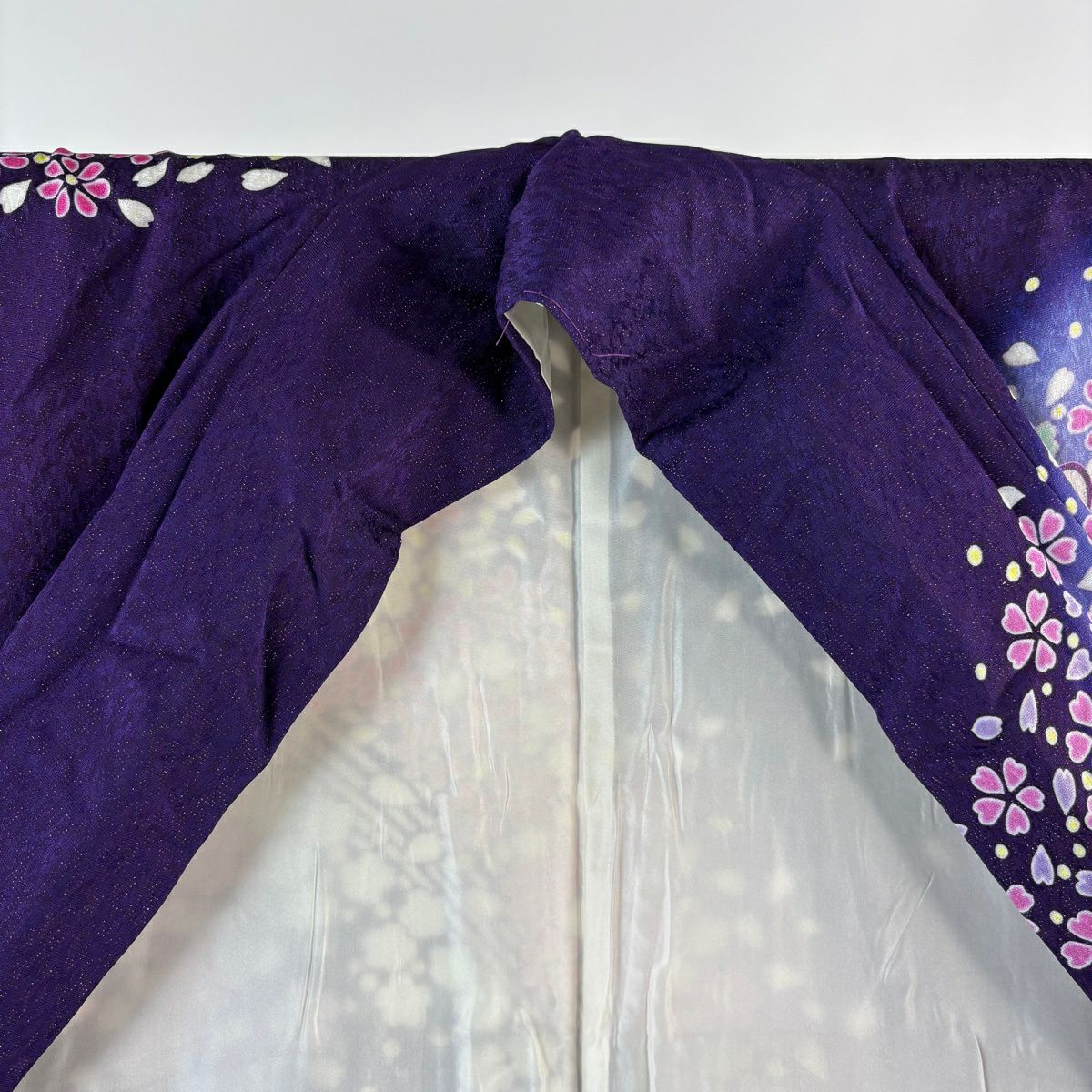 振袖禮服 身長159.5cm 袖長66.5cm M 雙層 櫻花花瓣 銀通 紫 純蠶絲 逸品級