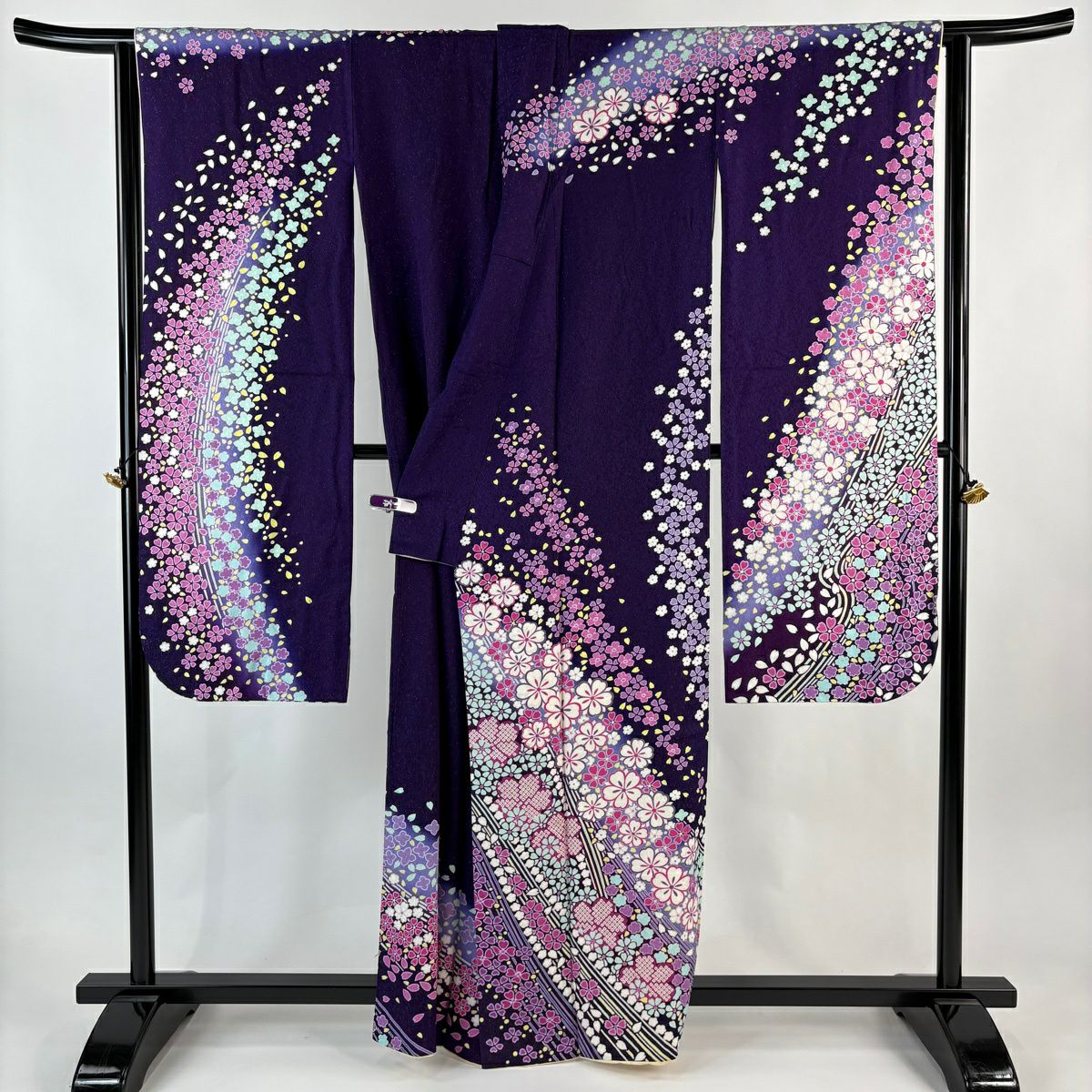 振袖禮服 身長159.5cm 袖長66.5cm M 雙層 櫻花花瓣 銀通 紫 純蠶絲 逸品級