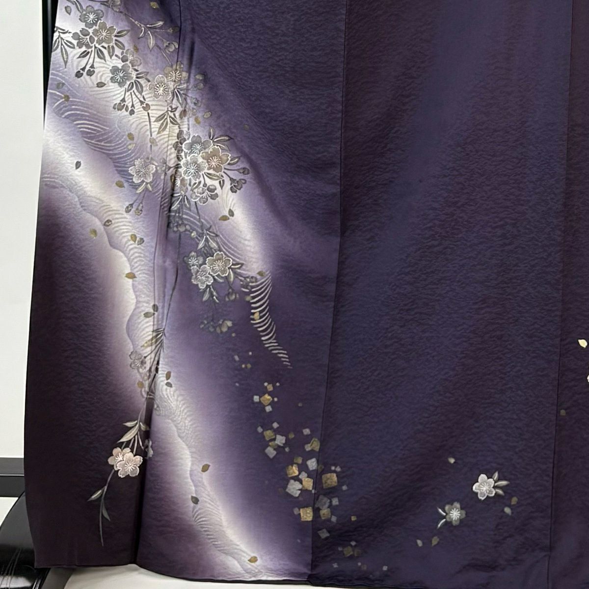付下 身長170.5cm 袖長70cm L 雙層 櫻花 流水 金銀彩 漸層 紫 純蠶絲 逸品級
