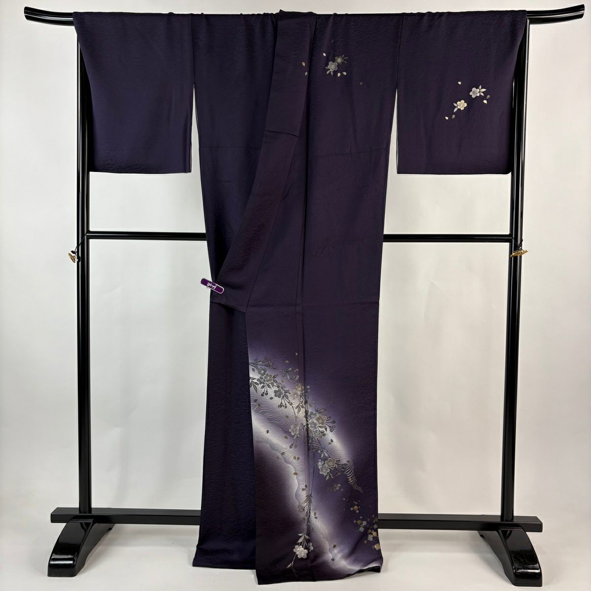 付下 身長170.5cm 袖長70cm L 雙層 櫻花 流水 金銀彩 漸層 紫 純蠶絲 逸品級