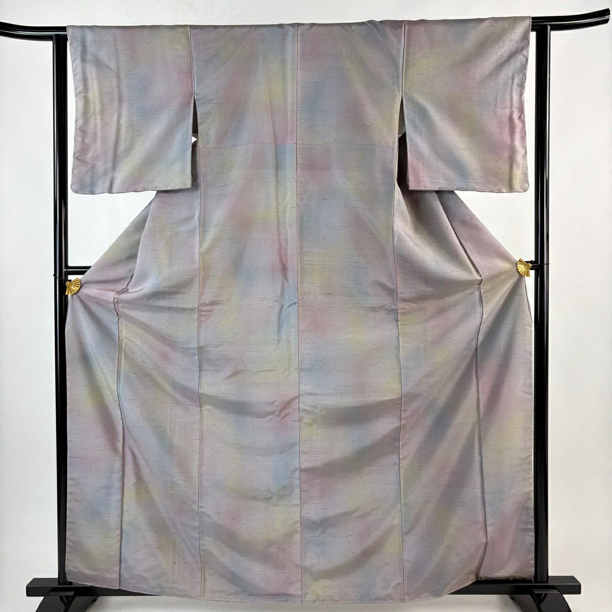 【美品】 小紋 身長163cm 袖長62.5cm S 雙層 牛首紬織織地 落款あり 漸變圖案 灰紫 純蠶絲 逸品級
