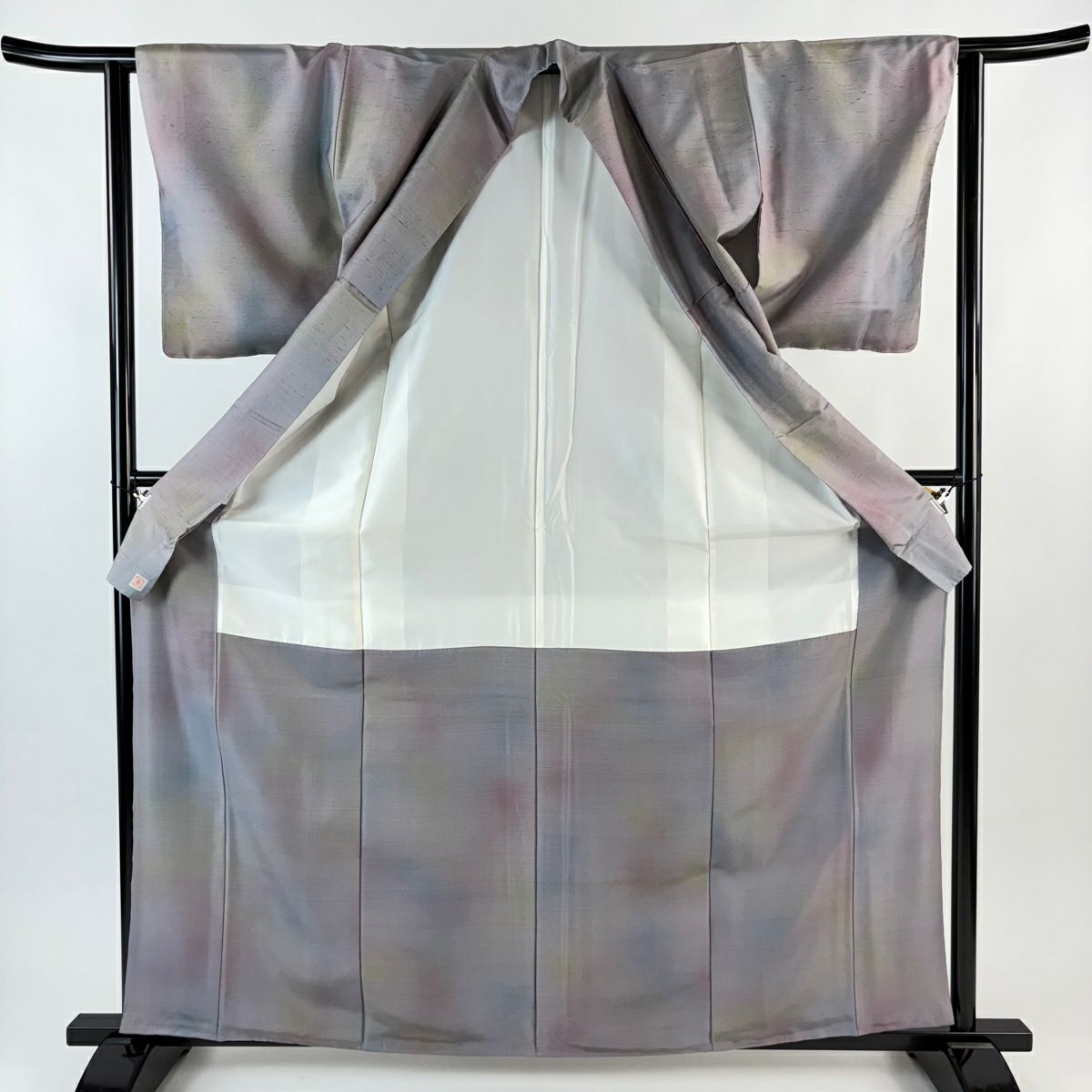【美品】 小紋 身長163cm 袖長62.5cm S 雙層 牛首紬織織地 落款あり 漸變圖案 灰紫 純蠶絲 逸品級