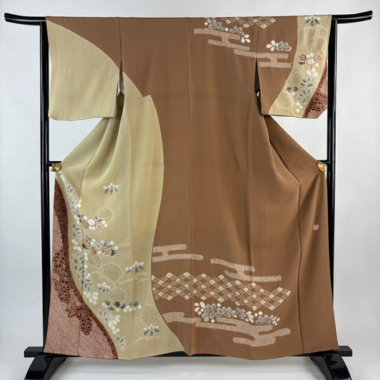 訪問服 身長161cm 袖長64.5cm M 雙層 滝泰 落款あり 辻花染 芝 金銀彩 薄茶 純蠶絲 逸品級