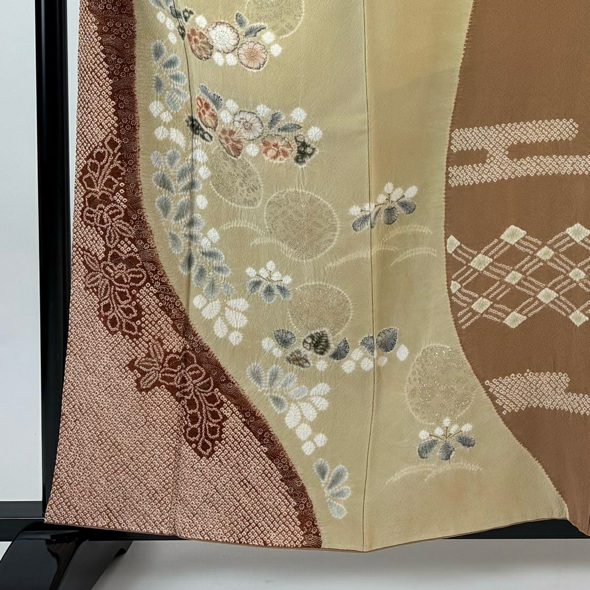 訪問服 身長161cm 袖長64.5cm M 雙層 滝泰 落款あり 辻花染 芝 金銀彩 薄茶 純蠶絲 逸品級