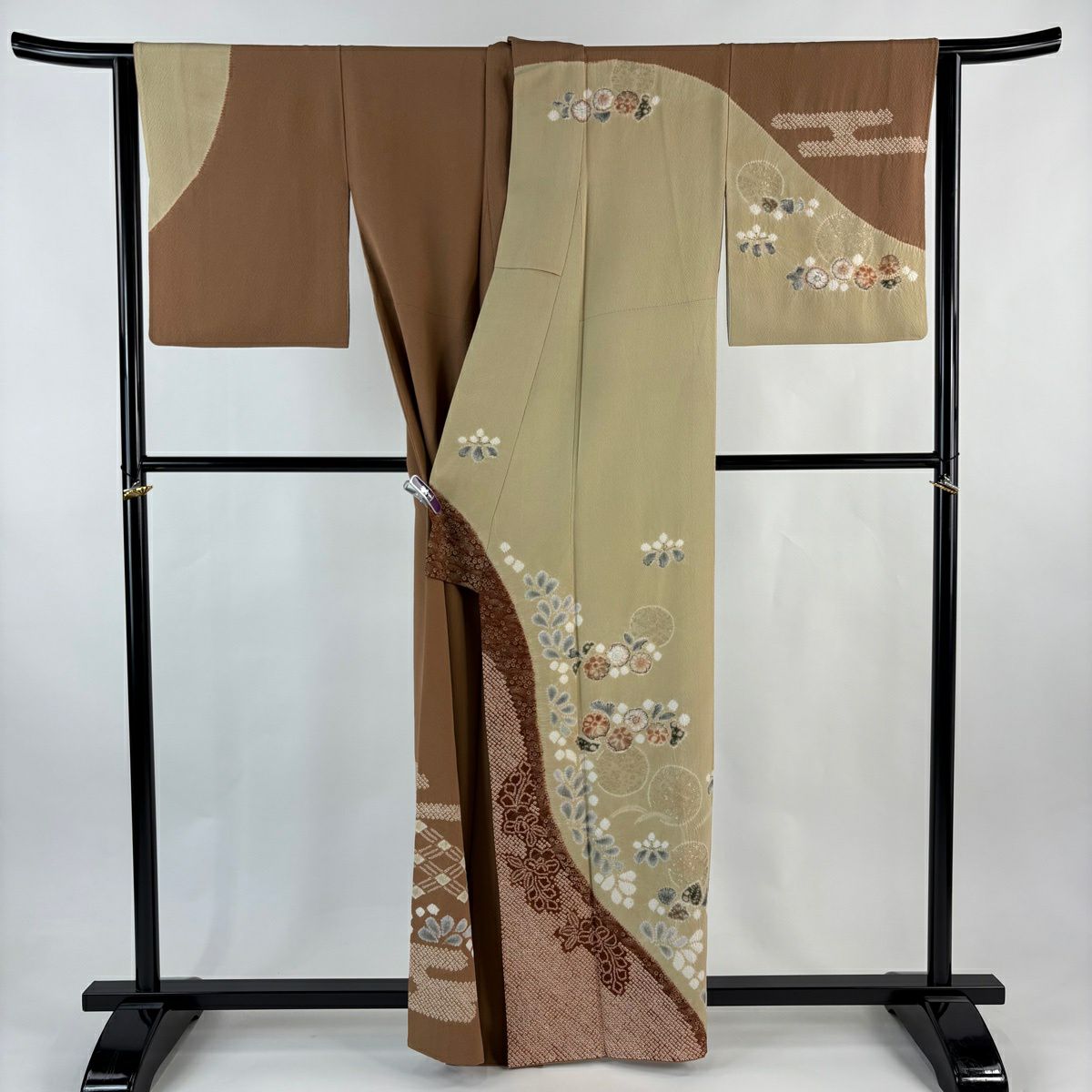 訪問服 身長161cm 袖長64.5cm M 雙層 滝泰 落款あり 辻花染 芝 金銀彩 薄茶 純蠶絲 逸品級
