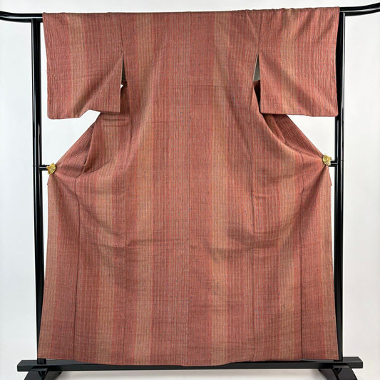 【美品】 小紋 身長160.5cm 袖長63.5cm S 雙層 吉澤與市 證書齊全 縱條 幾何圖案 絞染 紅茶 純蠶絲 逸品級