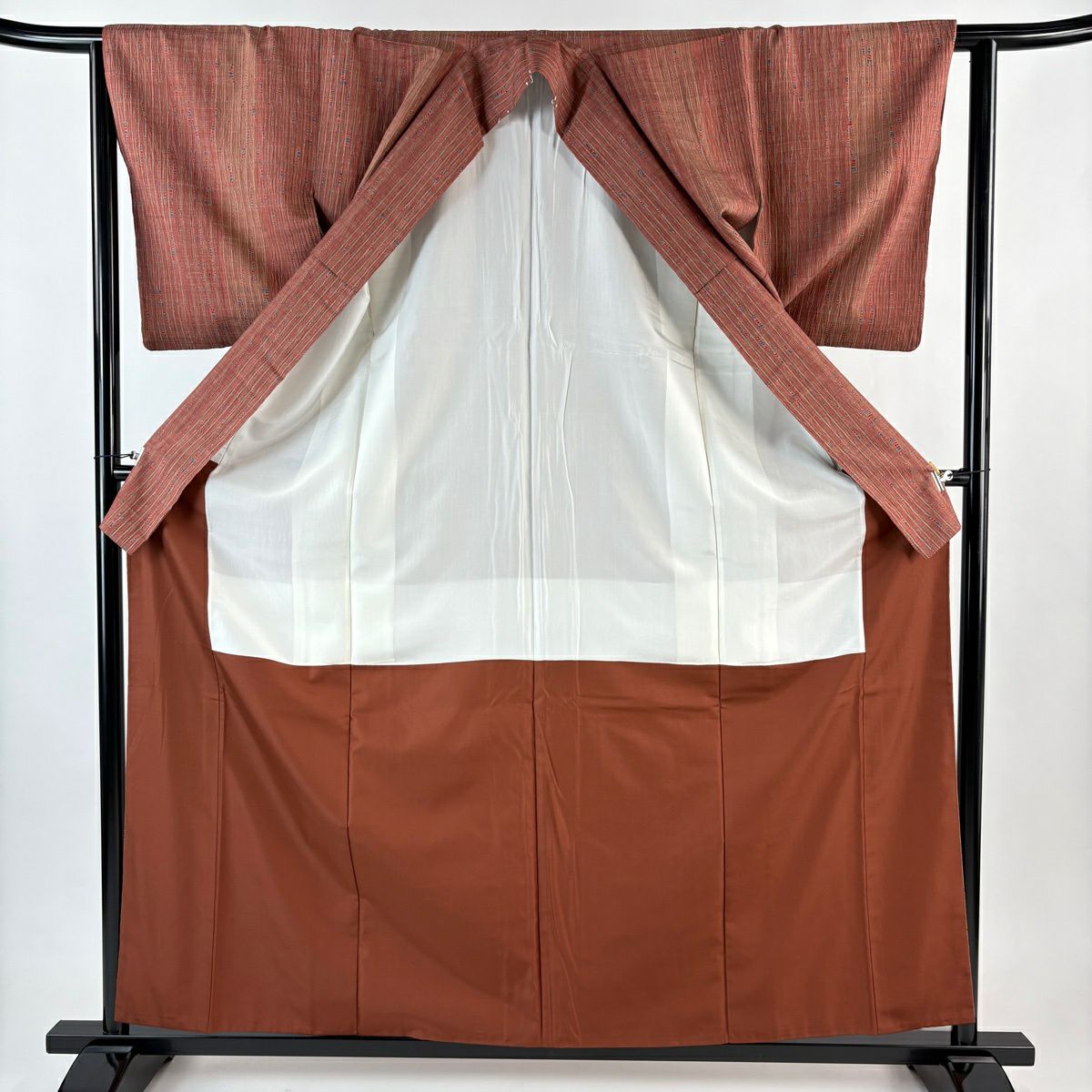【美品】 小紋 身長160.5cm 袖長63.5cm S 雙層 吉澤與市 證書齊全 縱條 幾何圖案 絞染 紅茶 純蠶絲 逸品級
